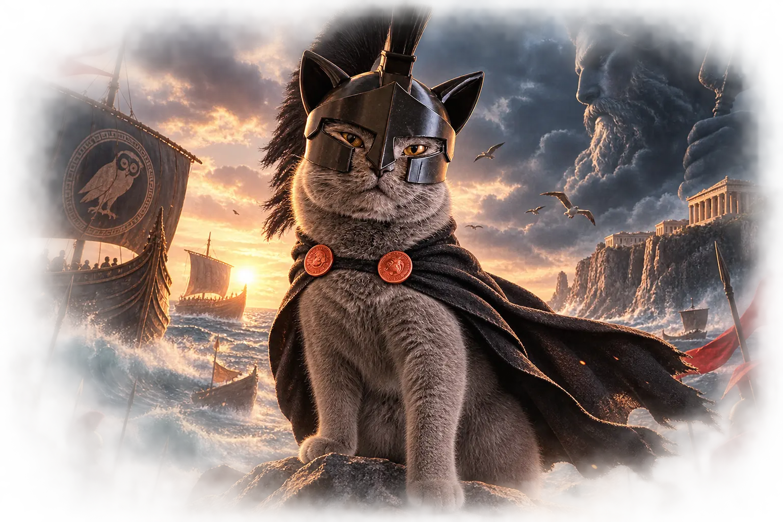 Agameownon the helmeted cat overlooking the wine-dark sea